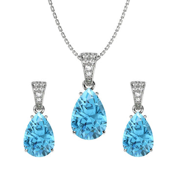 CLARA 925 Sterling Silver Sky Blue Tear Drop Pendant Earring Chain Jewellery Set | Rhodium Plated, Swiss Zirconia | Gift for Women & Girls