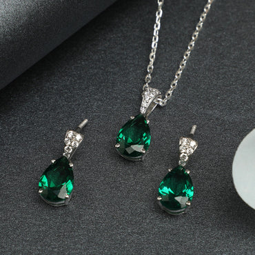 Silver Dark Green Tear Drop Jewellery Set