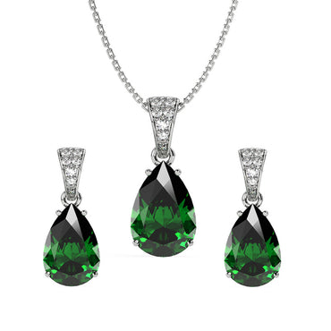 CLARA 925 Sterling Silver Dark Green Tear Drop Pendant Earring Chain Jewellery Set | Rhodium Plated, Swiss Zirconia | Gift for Women & Girls