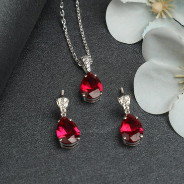 Silver Blood Red Tear Drop Jewellery Set