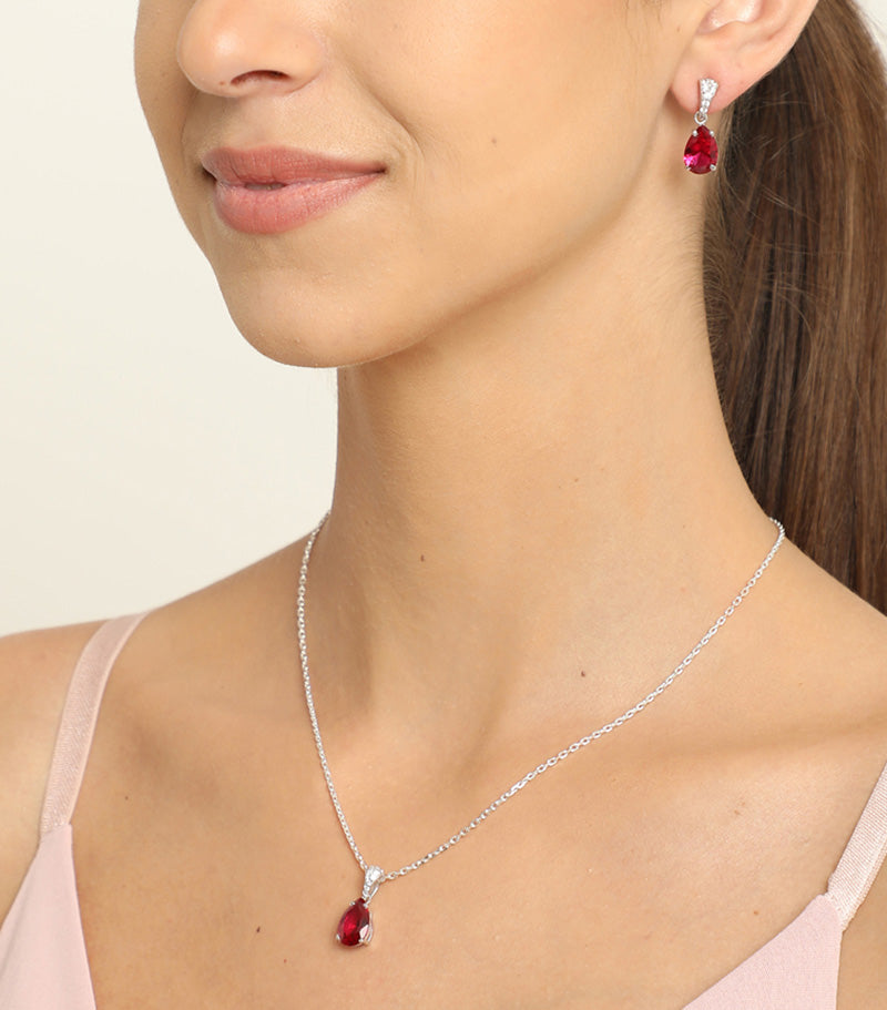 CLARA 925 Sterling Silver Blood Red Tear Drop Pendant Earring Chain Jewellery Set | Rhodium Plated, Swiss Zirconia | Gift for Women & Girls