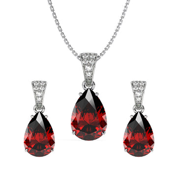CLARA 925 Sterling Silver Blood Red Tear Drop Pendant Earring Chain Jewellery Set | Rhodium Plated, Swiss Zirconia | Gift for Women & Girls