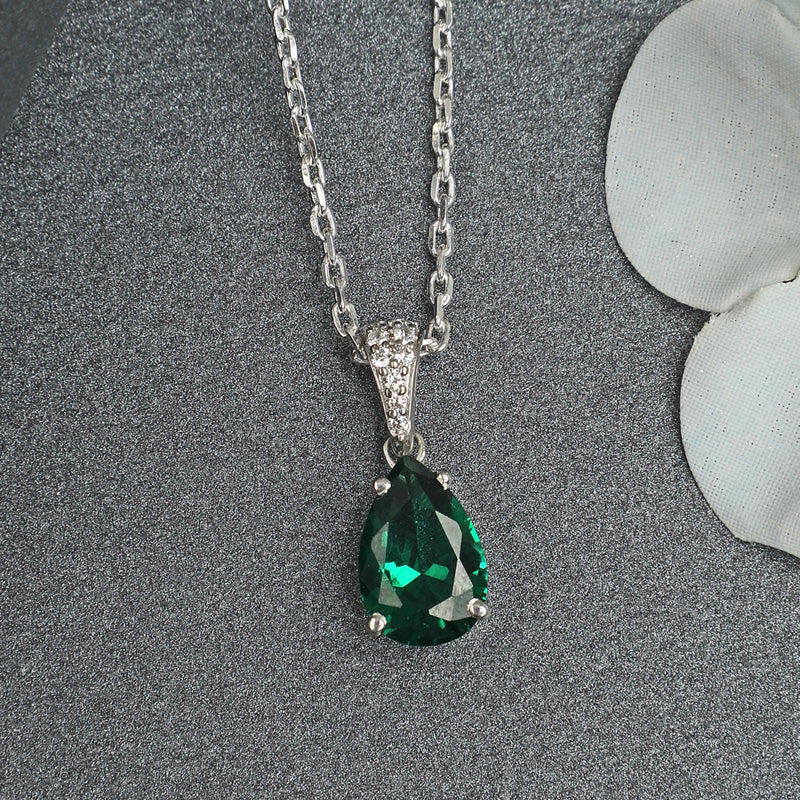 CLARA 925 Sterling Silver Dark Green Tear Drop Pendant | Rhodium Plated, Swiss Zirconia | Gift for Women & Girls