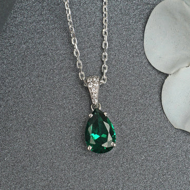 Silver Dark Green Tear Drop Pendant