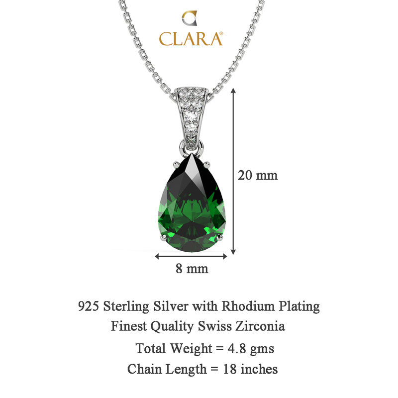 CLARA 925 Sterling Silver Dark Green Tear Drop Pendant | Rhodium Plated, Swiss Zirconia | Gift for Women & Girls