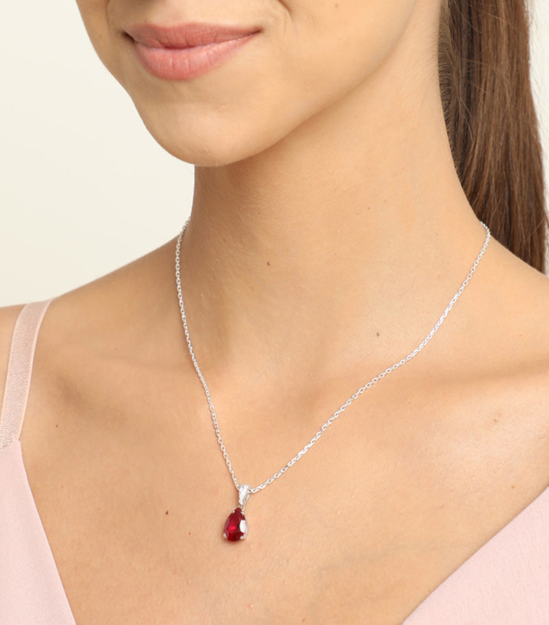 CLARA 925 Sterling Silver Blood Red Tear Drop Pendant Rhodium Plated, Swiss Zirconia Gift for Women & Girls
