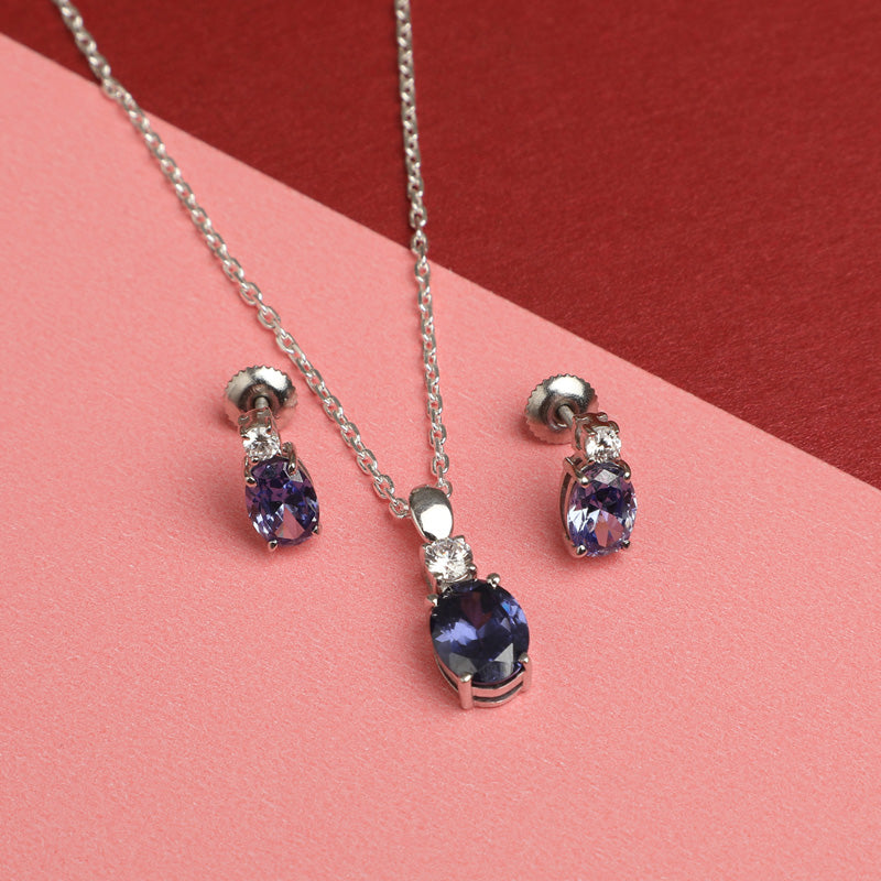 CLARA 925 Sterling Silver Royal Blue Oval Pendant Earring Chain Jewellery Set | Rhodium Plated, Swiss Zirconia | Gift for Women & Girls