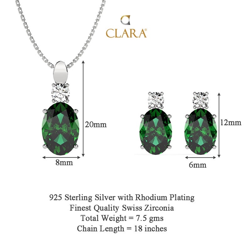 CLARA 925 Sterling Silver Dark Green Oval Pendant Earring Chain Jewellery Set | Rhodium Plated, Swiss Zirconia | Gift for Women & Girls