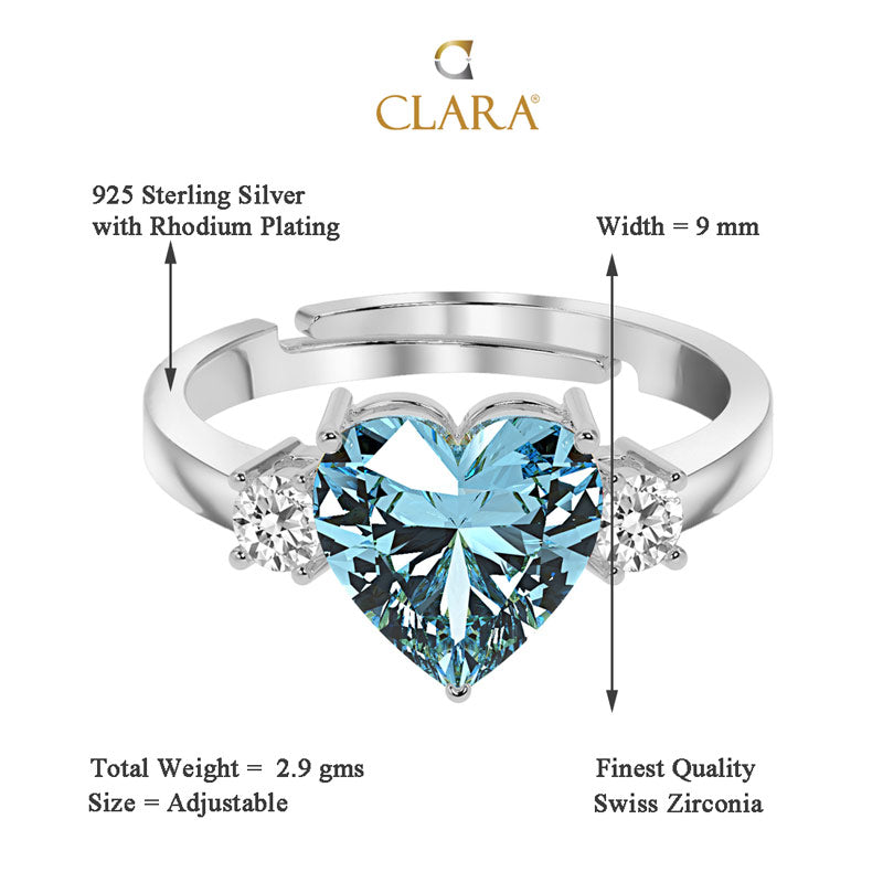 CLARA 925 Sterling Silver Sky Blue Heart Ring with Adjustable Band Rhodium Plated, Swiss Zirconia Gift for Women & Girls