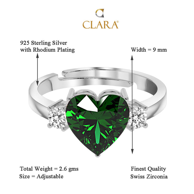 CLARA 925 Sterling Silver Dark Green Heart Ring with Adjustable Band Rhodium Plated, Swiss Zirconia Gift for Women & Girls