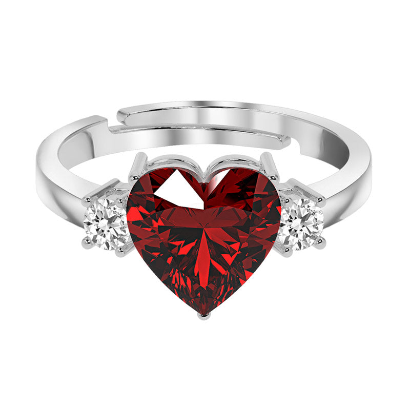 CLARA 925 Sterling Silver Blood Red Heart Ring with Adjustable Band | Rhodium Plated, Swiss Zirconia | Gift for Women & Girls