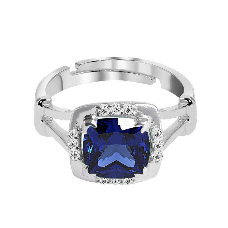 CLARA 925 Sterling Silver Royal Blue Cushion Ring with Adjustable Band Rhodium Plated, Swiss Zirconia Gift for Women & Girls