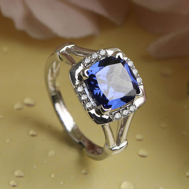 CLARA 925 Sterling Silver Royal Blue Cushion Ring with Adjustable Band | Rhodium Plated, Swiss Zirconia | Gift for Women & Girls