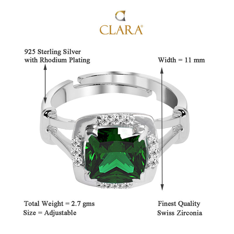 CLARA 925 Sterling Silver Dark Green Cushion Ring with Adjustable Band Rhodium Plated, Swiss Zirconia Gift for Women & Girls