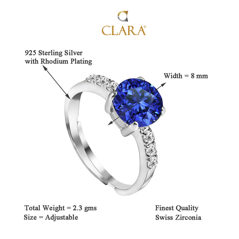 CLARA 925 Sterling Silver Royal Blue Eye Ring with Adjustable Band Rhodium Plated, Swiss Zirconia Gift for Women & Girls