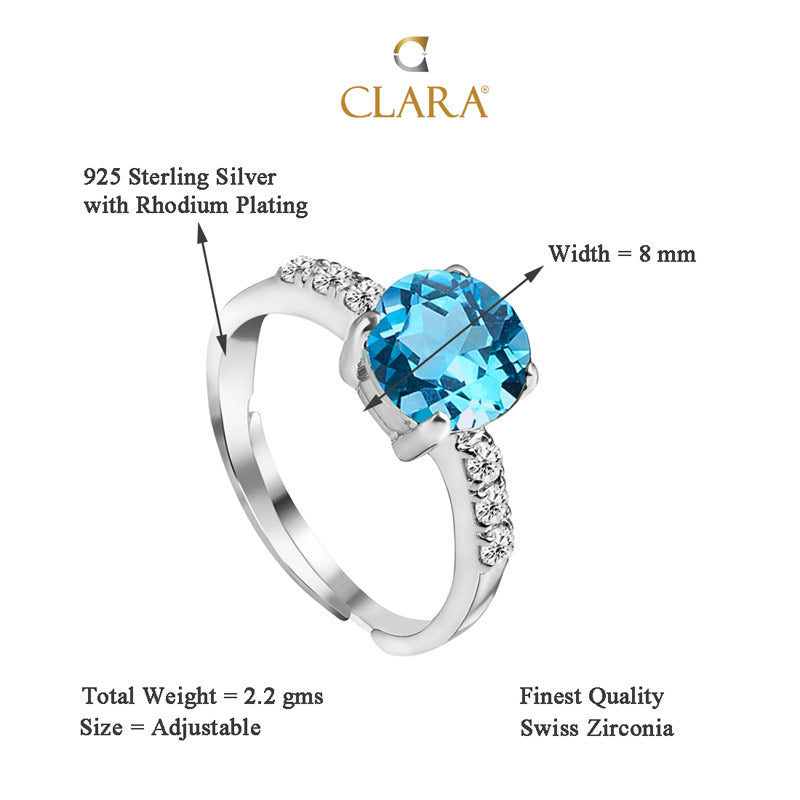 CLARA 925 Sterling Silver Sky Blue Eye Ring with Adjustable Band Rhodium Plated, Swiss Zirconia Gift for Women & Girls