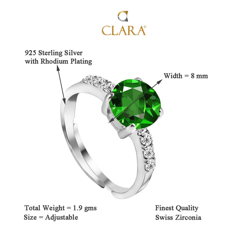 CLARA 925 Sterling Silver Dark Green Eye Ring with Adjustable Band Rhodium Plated, Swiss Zirconia Gift for Women & Girls