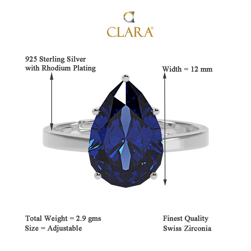 CLARA 925 Sterling Silver Royal Blue Tear Drop Ring with Adjustable Band Rhodium Plated, Swiss Zirconia Gift for Women & Girls