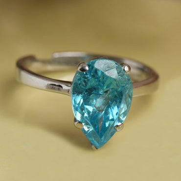 CLARA 925 Sterling Silver Sky Blue Tear Drop Ring with Adjustable Band | Rhodium Plated, Swiss Zirconia | Gift for Women & Girls