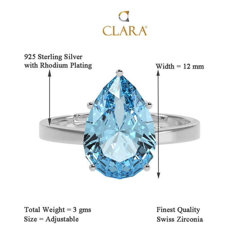 CLARA 925 Sterling Silver Sky Blue Tear Drop Ring with Adjustable Band Rhodium Plated, Swiss Zirconia Gift for Women & Girls