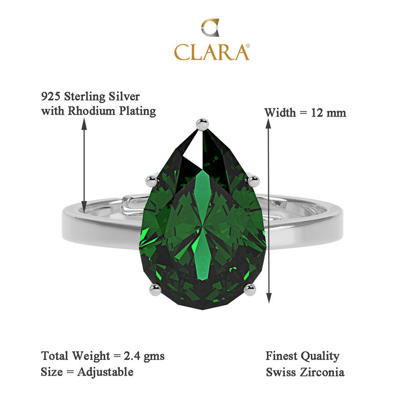 CLARA 925 Sterling Silver Dark Green Tear Drop Ring with Adjustable Band Rhodium Plated, Swiss Zirconia Gift for Women & Girls