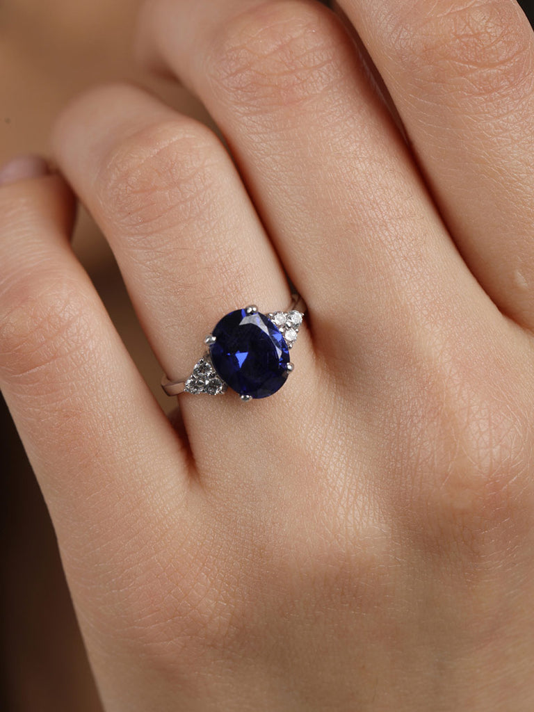 CLARA 925 Sterling Silver Royal Blue Oval Ring with Adjustable Band Rhodium Plated, Swiss Zirconia Gift for Women & Girls