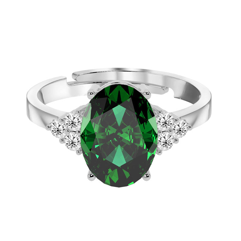 CLARA 925 Sterling Silver Dark Green Oval Ring with Adjustable Band Rhodium Plated, Swiss Zirconia Gift for Women & Girls