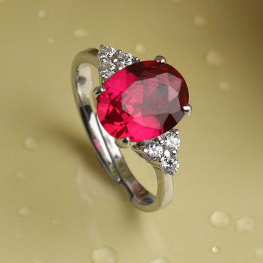 CLARA 925 Sterling Silver Blood Red Oval Ring with Adjustable Band | Rhodium Plated, Swiss Zirconia | Gift for Women & Girls