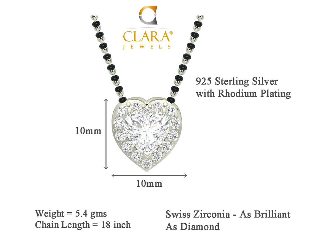CLARA 925 Sterling Silver Valentine Mangalsutra Tanmaniya Pendant Earring Jewellery Set with Chain Gift for Women and Girls