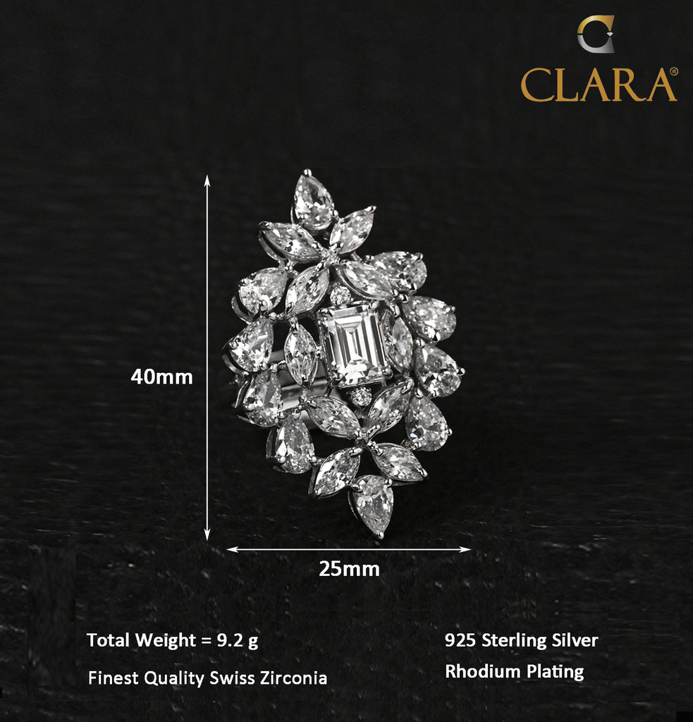 Clara 925 Sterling Silver Long Adjustable Cocktail Ring 