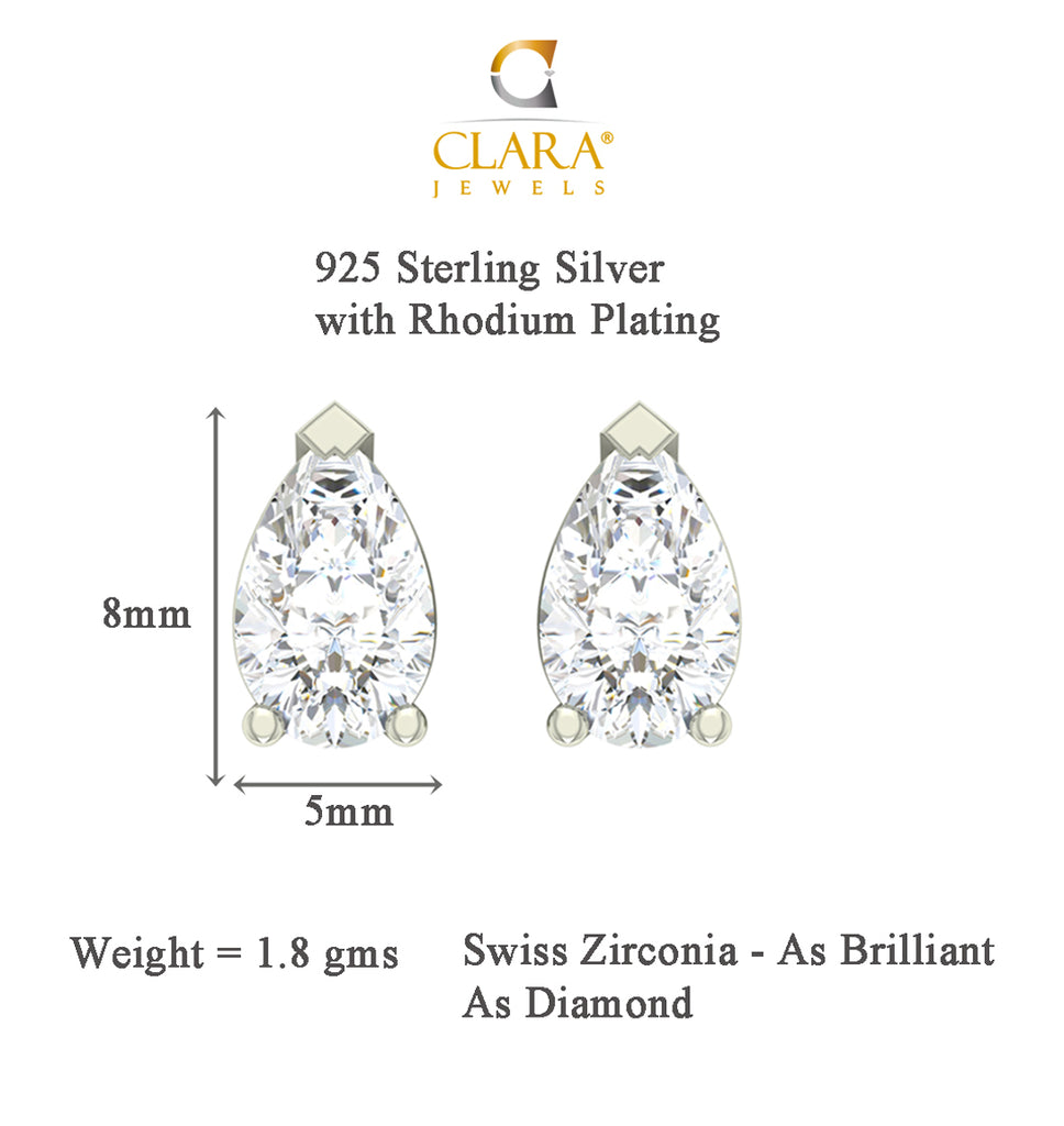 CLARA 925 Sterling Silver Rhodium Plated Pear Pendant Earring Necklace Set with Chain Gift for Women and Girls