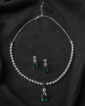 Silver Solitaire Green Necklace Jewellery Set