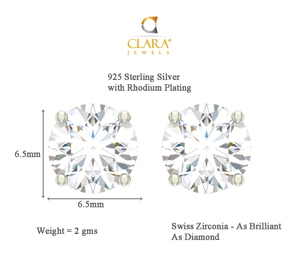 CLARA 925 Sterling Silver Swiss Zirconia 6.5 mm Earring With Screw Back Gift for Women and Girls
