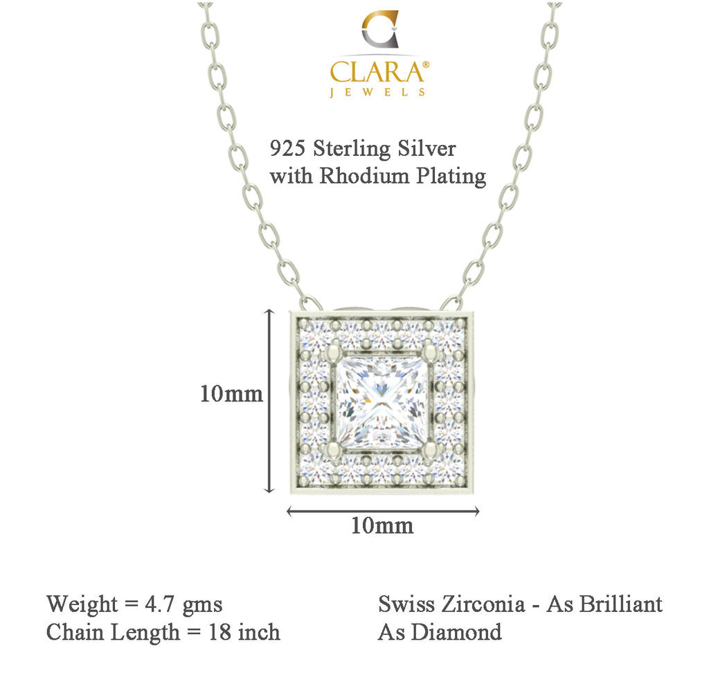 CLARA 925 Sterling Silver Rhodium Plated Princess Pendant Earring Necklace Set with Chain Gift for Women and Girls