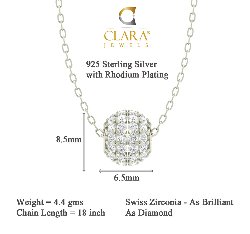CLARA 925 Sterling Silver Rhodium Plated Ball Pendant with Chain Gift for Women and Girls