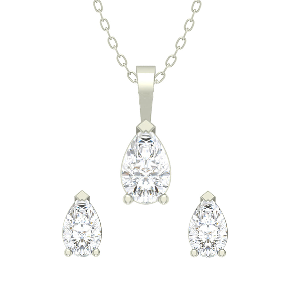CLARA 925 Sterling Silver Rhodium Plated Pear Pendant Earring Necklace Set