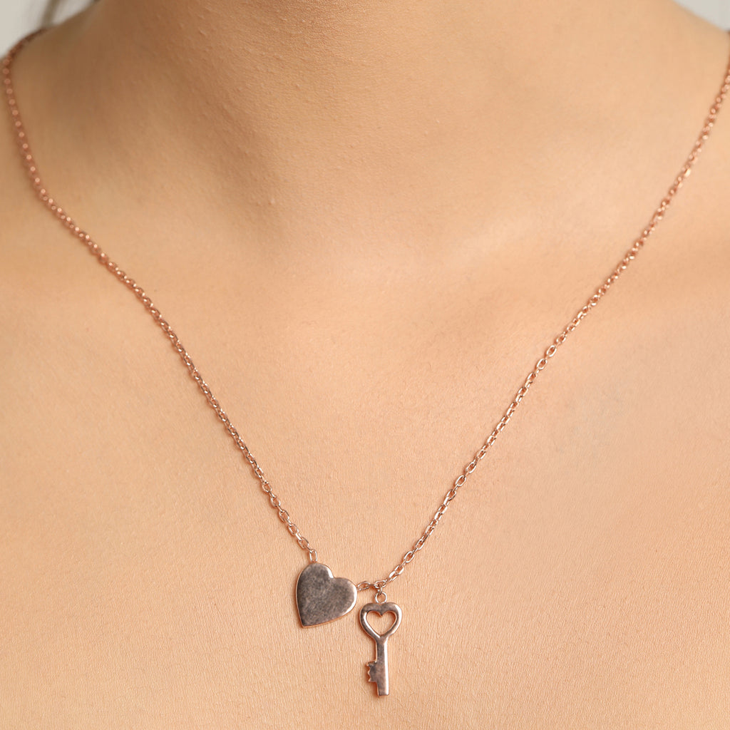 CLARA 925 Sterling Silver Key & Heart Charm Necklace Chain 