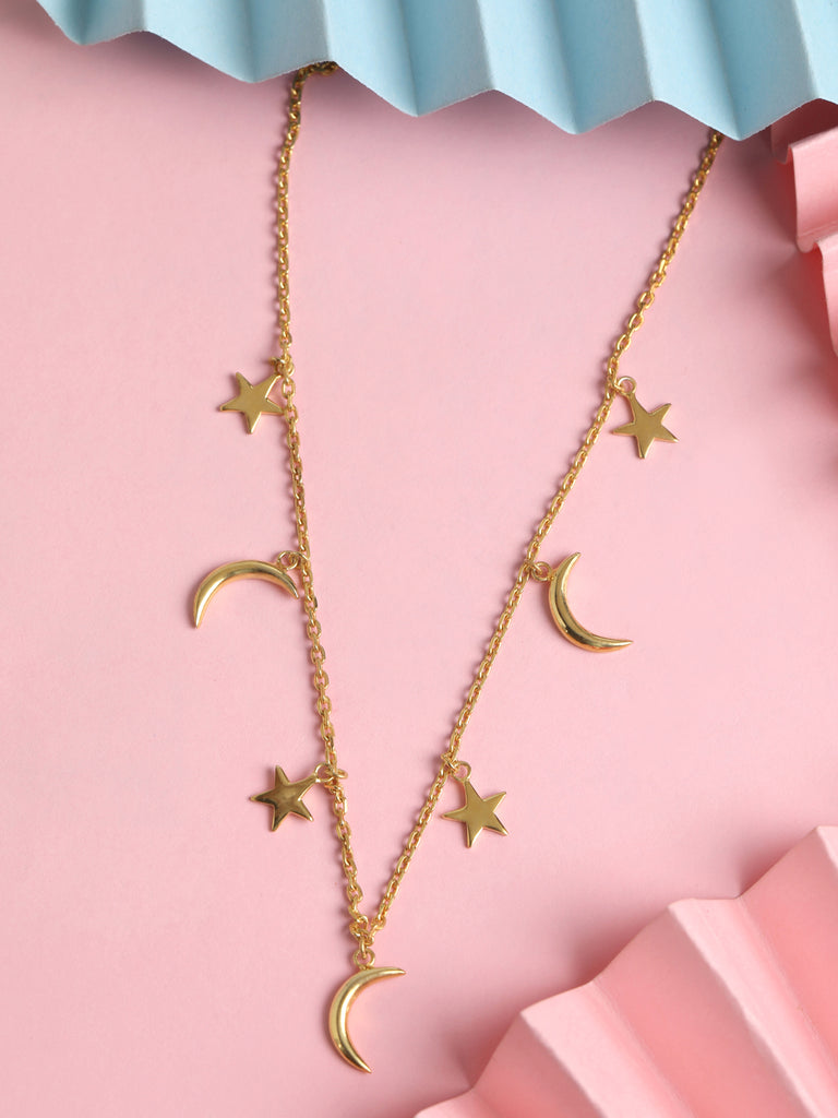 CLARA 925 Sterling Silver Moon & star Charm Necklace Chain 