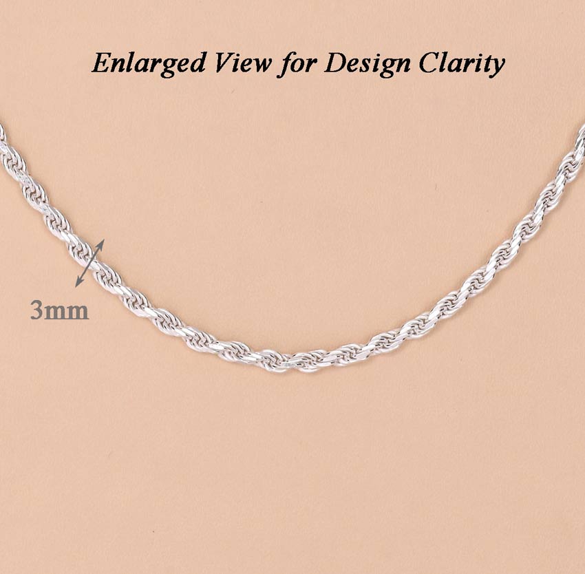 Clara Anti-Tarnish 92.5 Sterling Silver Rope Chain Necklace in 20 24 28 inches for Men & Boys