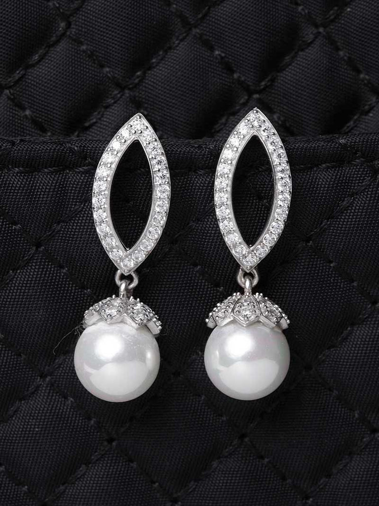 CLARA 925 Sterling Silver Pearl Akari Earrings Rhodium Plated, Swiss Zirconia , Screw Back | Gift for Women & Girls