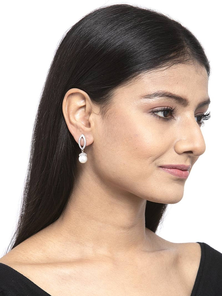 CLARA 925 Sterling Silver Pearl Akari Earrings Rhodium Plated, Swiss Zirconia , Screw Back | Gift for Women & Girls