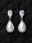 CLARA 925 Sterling Silver Pearl Pear Earrings | Rhodium Plated, Swiss Zirconia , Screw Back | Gift for Women & Girls