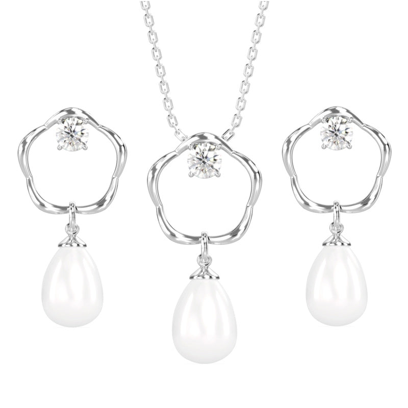 CLARA 925 Sterling Silver Pearl Sara Pendant Earring Chain Jewellery Set | Rhodium Plated, Swiss Zirconia | Gift for Women & Girls