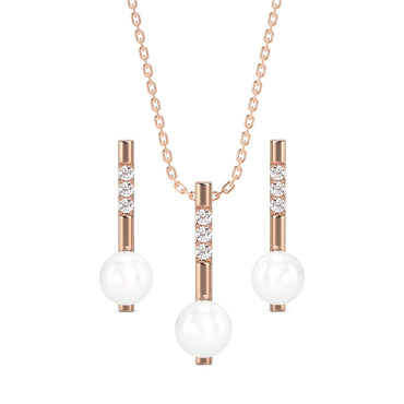 CLARA 925 Sterling Silver Pearl Rose Pendant Earring Chain Jewellery Set | Rose Gold Rhodium Plated, Swiss Zirconia | Gift for Women & Girls