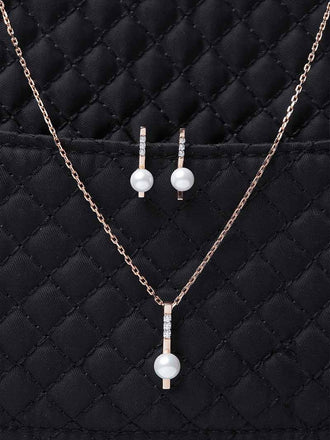 CLARA 925 Sterling Silver Pearl Rose Pendant Earring Chain Jewellery Set | Rose Gold Rhodium Plated, Swiss Zirconia | Gift for Women & Girls