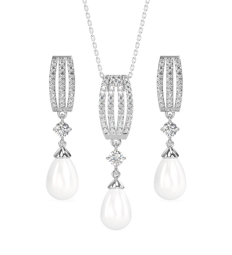 Sterling Silver Simulated White Pearl & CZ Earring & Necklace Set - 10mm Pearl Studs With 18" Necklace