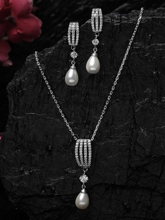 CLARA 925 Sterling Silver Pearl Queen Pendant Earring Chain Jewellery Set | Rhodium Plated, Swiss Zirconia | Gift for Women & Girls
