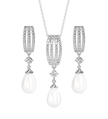 CLARA 925 Sterling Silver Pearl Queen Pendant Earring Chain Jewellery Set | Rhodium Plated, Swiss Zirconia | Gift for Women & Girls