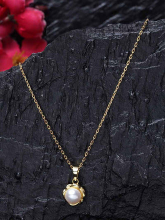 CLARA 925 Sterling Silver Real Pearl Aki Pendant With Chain Necklace | Gold Rhodium Plated | Gift for Women & Girls