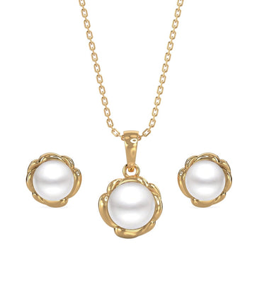 CLARA 925 Sterling Silver Real Pearl Aki Pendant Earring Chain Jewellery Set | Gold Rhodium Plated | Gift for Women & Girls
